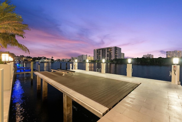 dock area featuring a city view and a water view