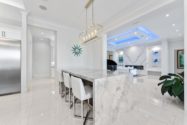 dining space featuring crown molding, recessed lighting, baseboards, and marble finish floor