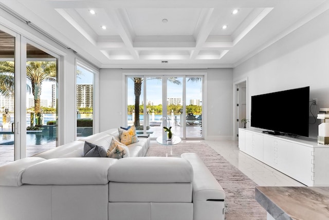 living area featuring french doors, coffered ceiling, recessed lighting, beam ceiling, and marble finish floor