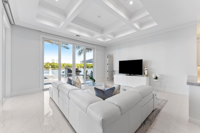 living room featuring coffered ceiling, baseboards, and marble finish floor