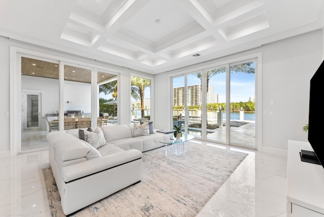 living area with coffered ceiling, baseboards, marble finish floor, and beamed ceiling