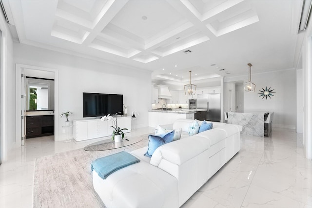 living room featuring baseboards, coffered ceiling, marble finish floor, recessed lighting, and ornamental molding