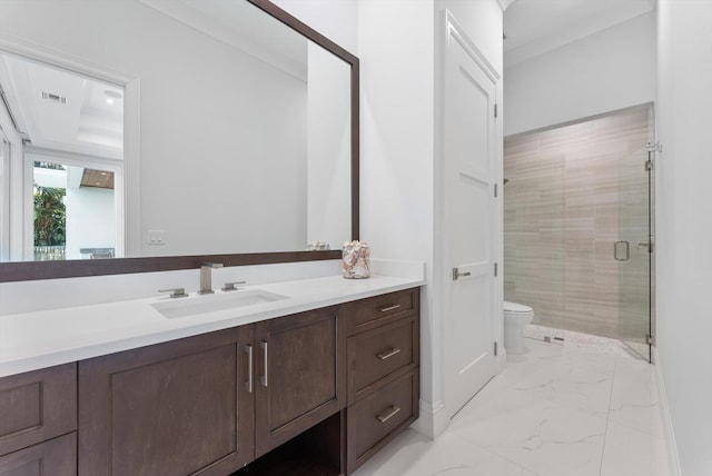 full bath with toilet, marble finish floor, a stall shower, vanity, and visible vents