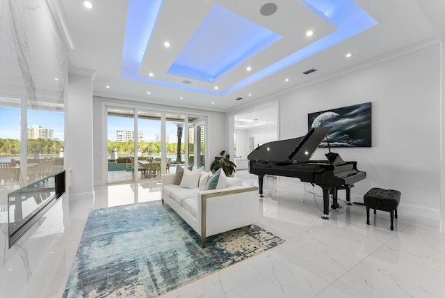 living room with baseboards, recessed lighting, visible vents, marble finish floor, and a raised ceiling