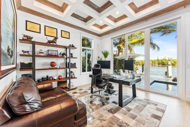 office with beam ceiling, coffered ceiling, a towering ceiling, and baseboards