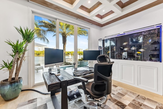 home office with coffered ceiling and beamed ceiling