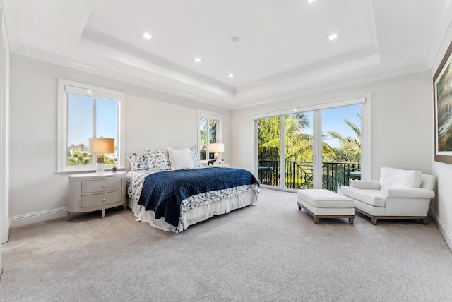 bedroom featuring a raised ceiling, carpet floors, access to exterior, and baseboards