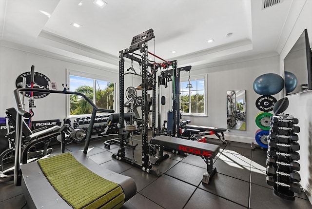 workout area with crown molding, a raised ceiling, a wealth of natural light, and visible vents