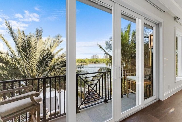 entryway with a water view, dark wood finished floors, and baseboards