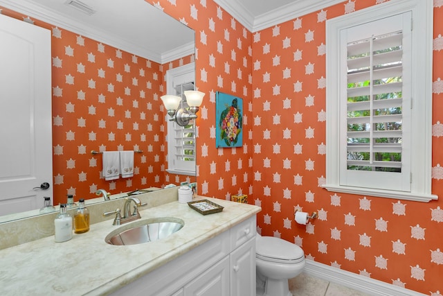 bathroom with visible vents, toilet, a wealth of natural light, and wallpapered walls