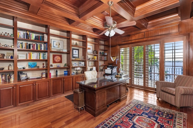 office area with wooden ceiling, coffered ceiling, and light wood-style floors