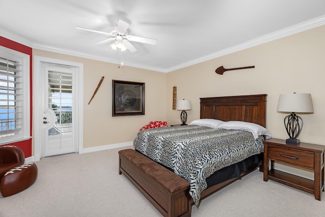 bedroom featuring baseboards, access to outside, carpet flooring, and crown molding