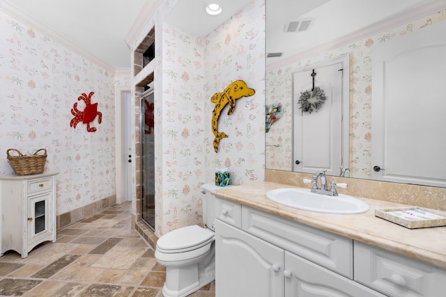 full bathroom featuring toilet, visible vents, wallpapered walls, a stall shower, and crown molding