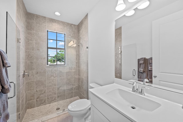 bathroom with vanity, a shower with shower door, and toilet