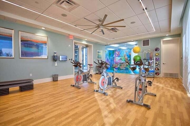 gym with a paneled ceiling, hardwood / wood-style floors, and ceiling fan