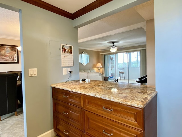 kitchen with light stone counters, crown molding, and ceiling fan