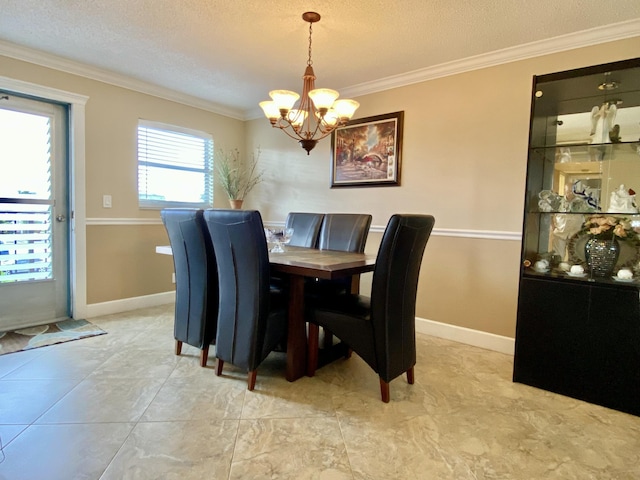 dining room featuring crown molding, a chandelier, and a textured ceiling