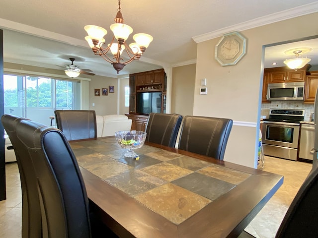 dining area with ornamental molding and ceiling fan with notable chandelier