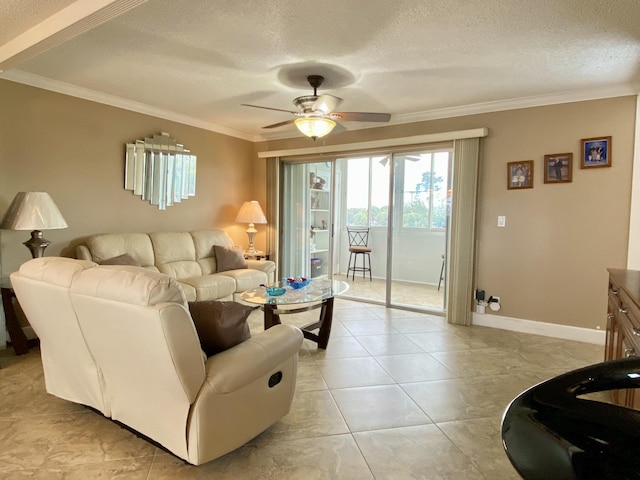 tiled living room with crown molding, ceiling fan, and a textured ceiling