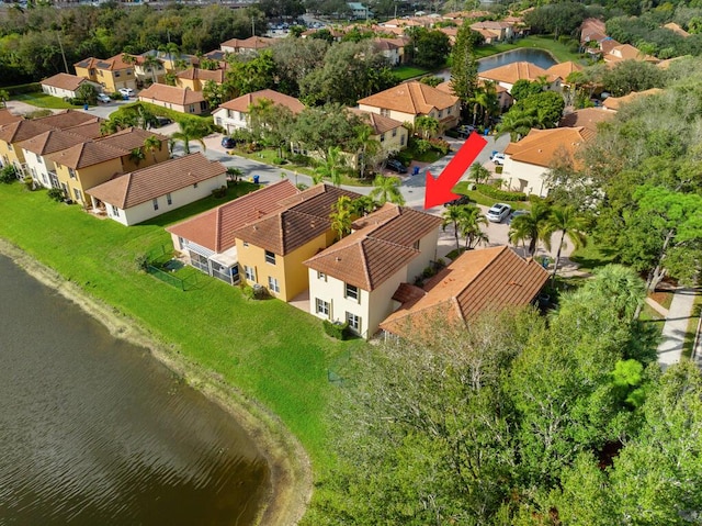 bird's eye view with a water view