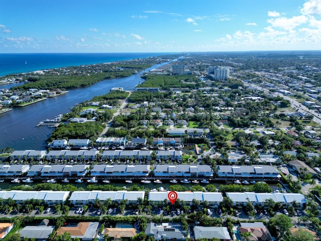 aerial view featuring a water view