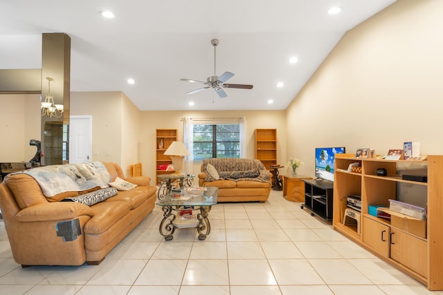 living room featuring vaulted ceiling, light tile patterned floors, ceiling fan with notable chandelier, and recessed lighting