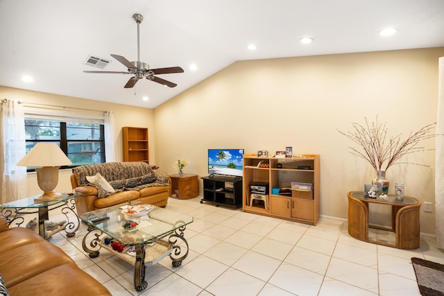 living room with light tile patterned floors, visible vents, ceiling fan, vaulted ceiling, and recessed lighting