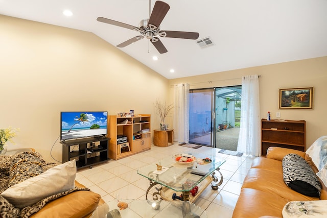 living room featuring light tile patterned floors, lofted ceiling, visible vents, and recessed lighting