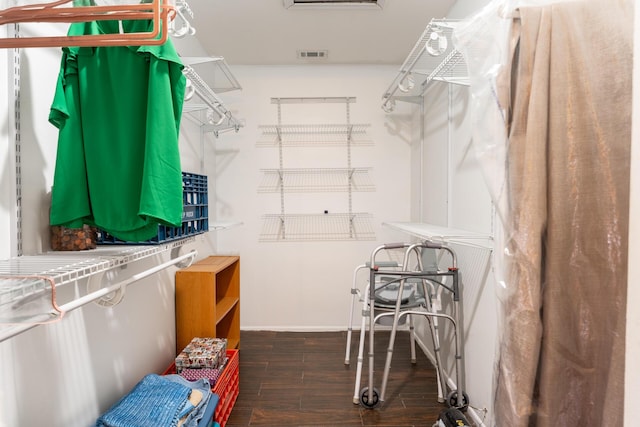 spacious closet with dark wood-style floors and visible vents