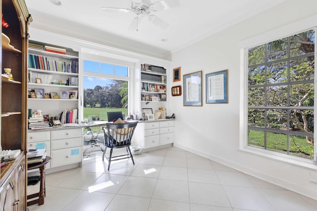 9 Par Club Cir, Village Of Golf, FL 33436 - office area featuring light tile patterned flooring, crown molding, built in desk, and ceiling fan