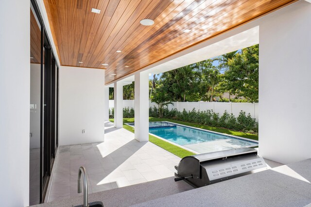 view of swimming pool featuring a fenced backyard, a fenced in pool, a patio, and grilling area