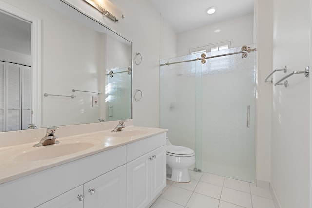 full bath featuring a stall shower, tile patterned flooring, a sink, and toilet