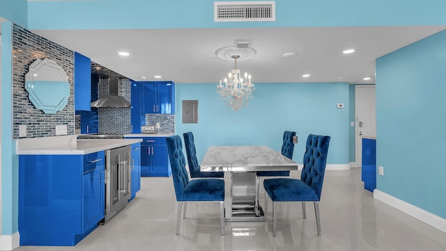 dining area with electric panel and beverage cooler