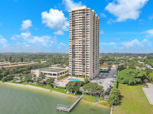 drone / aerial view featuring a water view