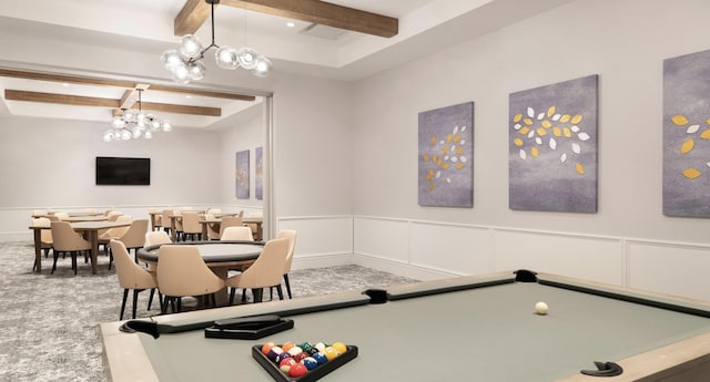 playroom featuring beamed ceiling and carpet flooring