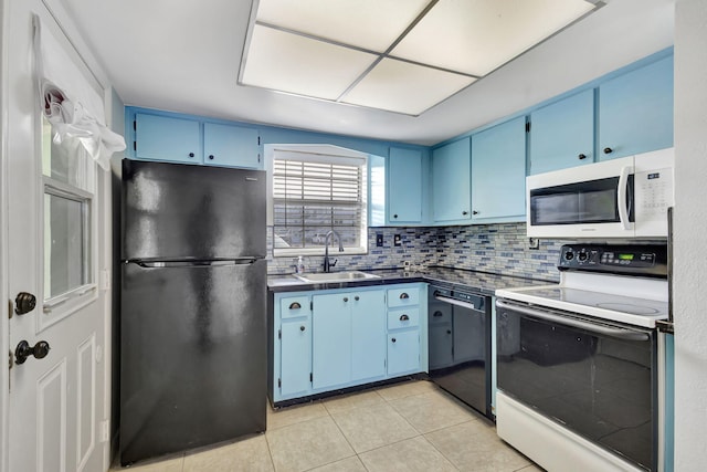 kitchen featuring blue cabinets, sink, backsplash, light tile patterned floors, and black appliances