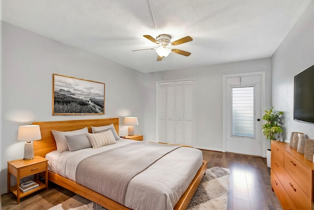 bedroom with a closet, dark hardwood / wood-style floors, and ceiling fan