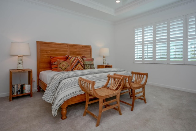 bedroom with light carpet, baseboards, crown molding, and recessed lighting