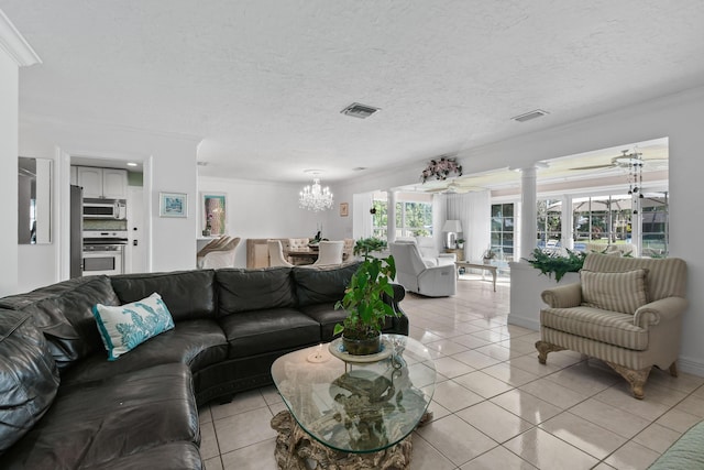 tiled living room with crown molding, an inviting chandelier, and a textured ceiling