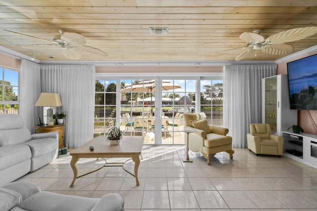 sunroom featuring wood ceiling and ceiling fan