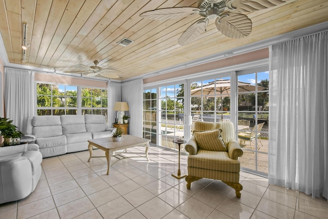 sunroom / solarium with track lighting, wooden ceiling, and ceiling fan