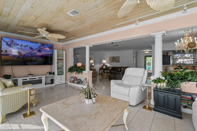 living room with ornate columns, light tile patterned flooring, ceiling fan, crown molding, and wooden ceiling