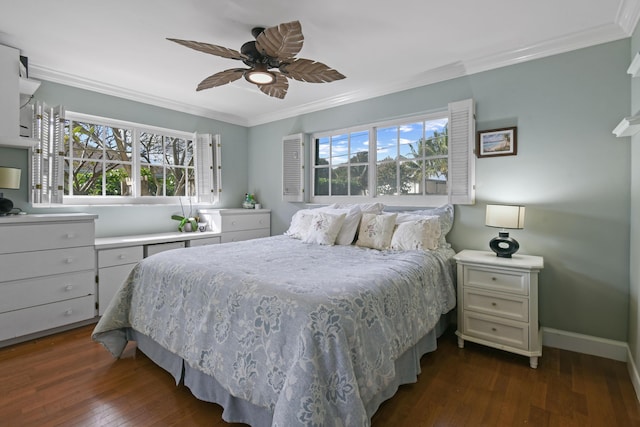 bedroom with multiple windows, ornamental molding, dark wood-type flooring, and ceiling fan