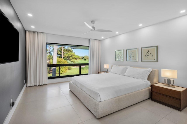 bedroom featuring ceiling fan, baseboards, and recessed lighting