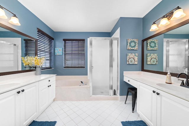 bathroom featuring tile patterned flooring, plus walk in shower, and vanity