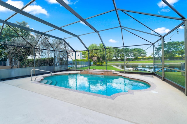 view of swimming pool featuring a patio, a water view, and glass enclosure