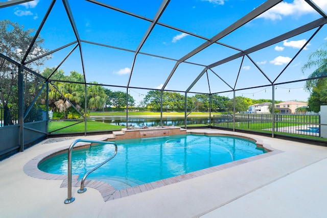 view of pool featuring a water view, a lawn, glass enclosure, and a patio area