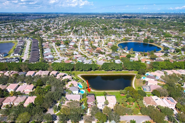 aerial view featuring a water view