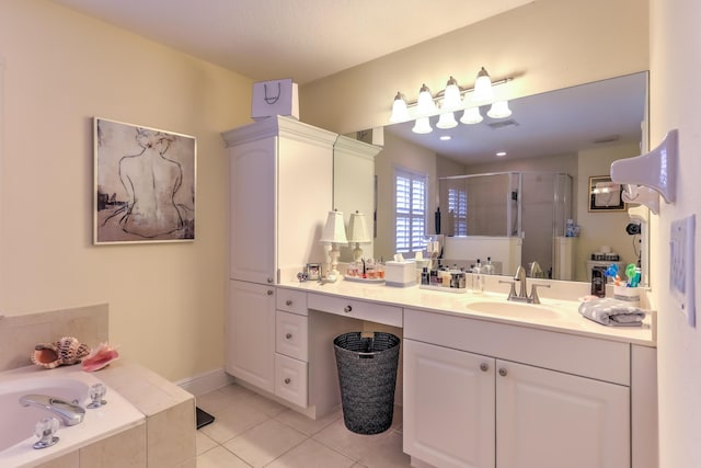 bathroom featuring vanity, separate shower and tub, and tile patterned flooring