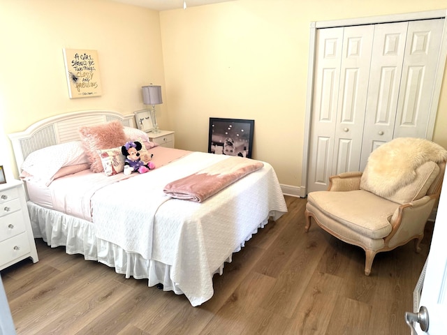 bedroom with hardwood / wood-style flooring and a closet